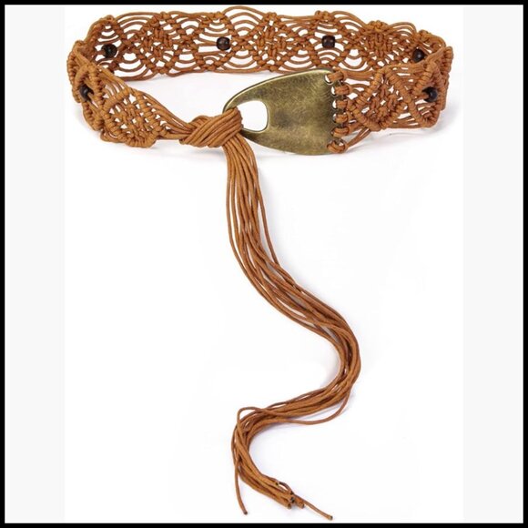 Hand Woven Wax Rope Bohemian Braid Waist Belt with Metal Chain main image 5